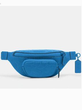 COACH Genuine Leather Logo Embossed Belt Bag - Color Teal Blue